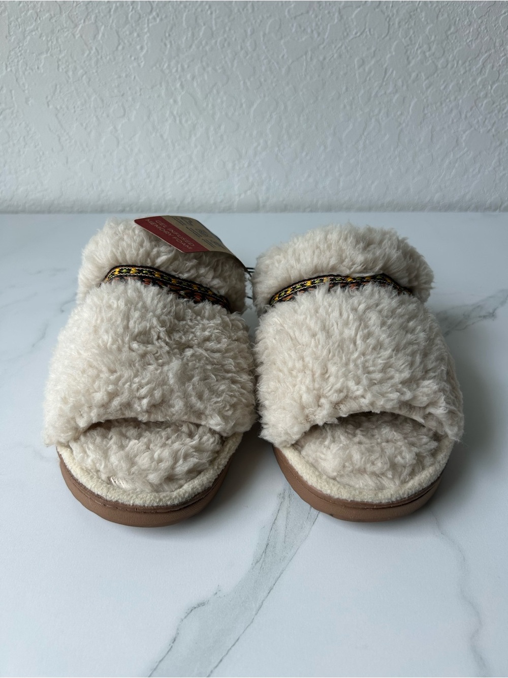 dearfoams Women's Cream Sherpa Slide Slippers with Trim